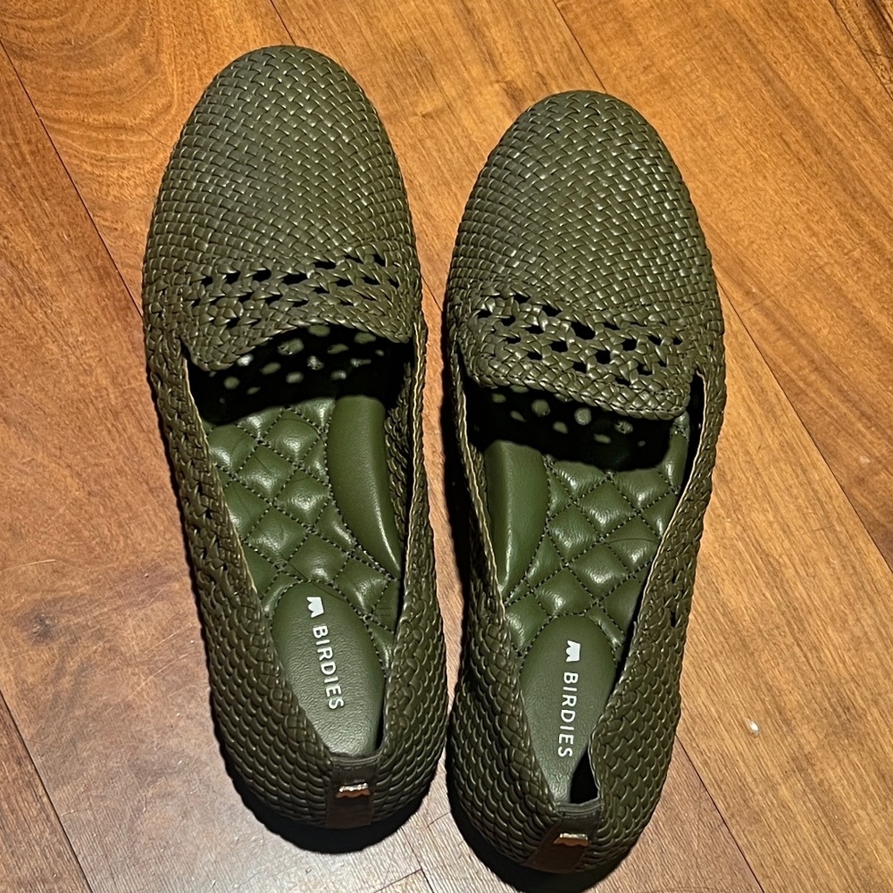Birdies Olive Green Woven Flat | Size 7.5
